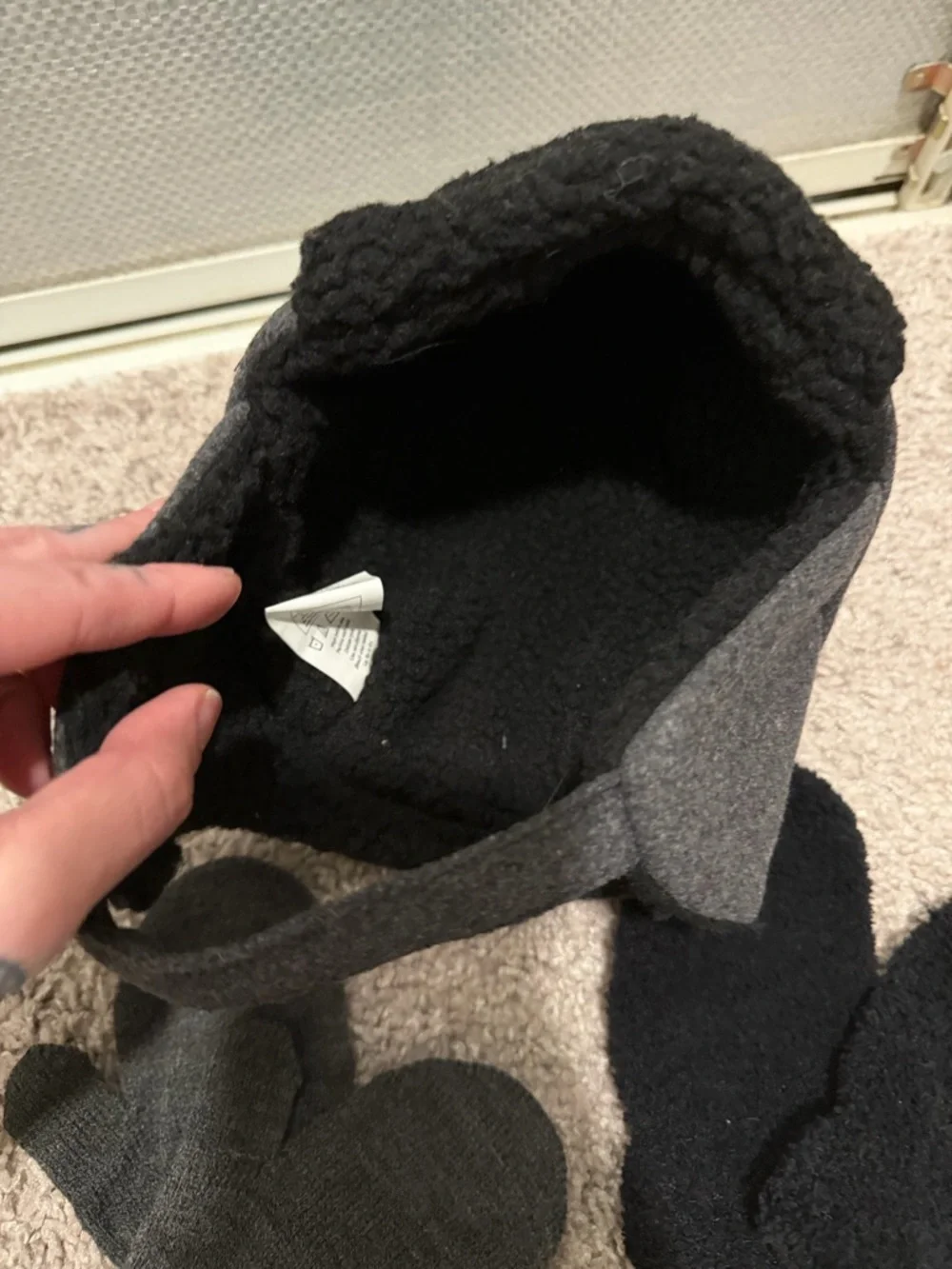 Grey & Black Pom Pom Earflap Hat with Matching Mittens- 12-24 month- like new